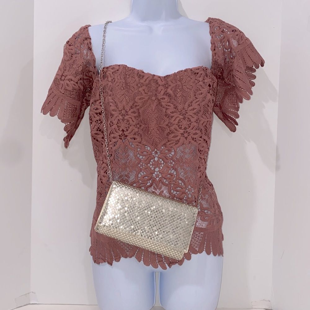 Gunne Sax by Jessica McClintock Mesh Flap Evening Bag In Silver Magnetic Closure